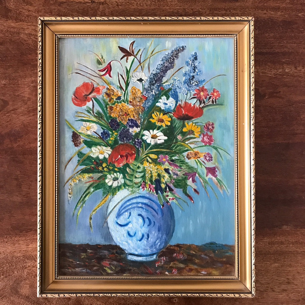 Tableau peinture bouquet fleurs multicolores sur fond bleu encadrement doré 45 cm x 35 cm par Hello Broc brocante en ligne