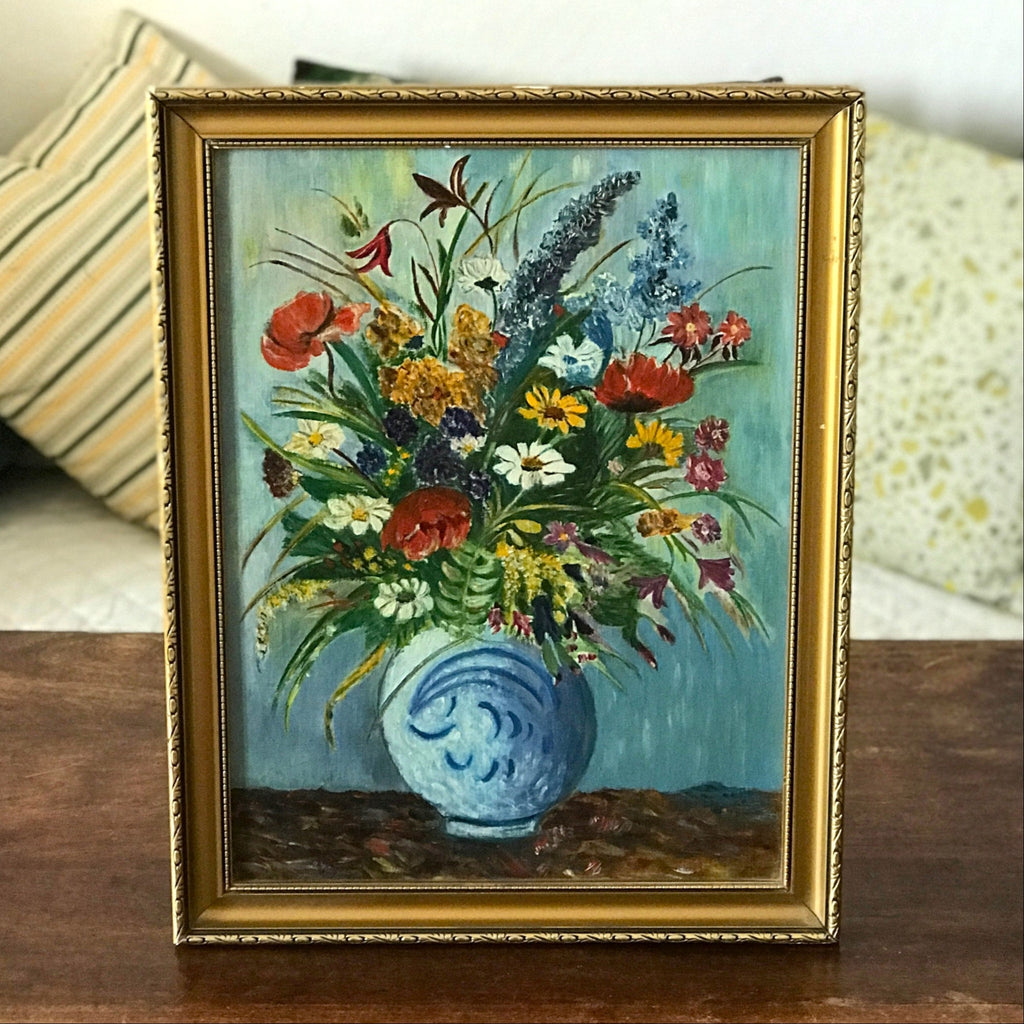 Tableau peinture bouquet fleurs multicolores sur fond bleu encadrement doré 45 cm x 35 cm par Hello Broc brocante en ligne