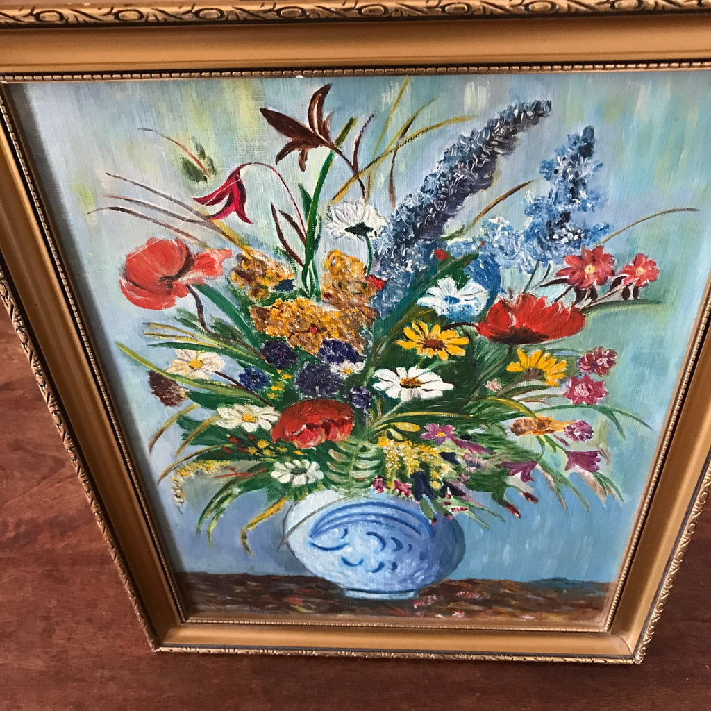 Tableau peinture bouquet fleurs multicolores sur fond bleu encadrement doré 45 cm x 35 cm par Hello Broc brocante en ligne
