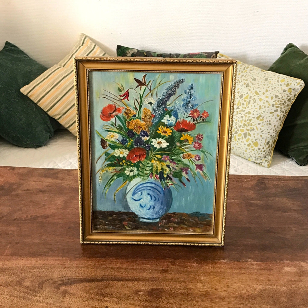 Tableau peinture bouquet fleurs multicolores sur fond bleu encadrement doré 45 cm x 35 cm par Hello Broc brocante en ligne
