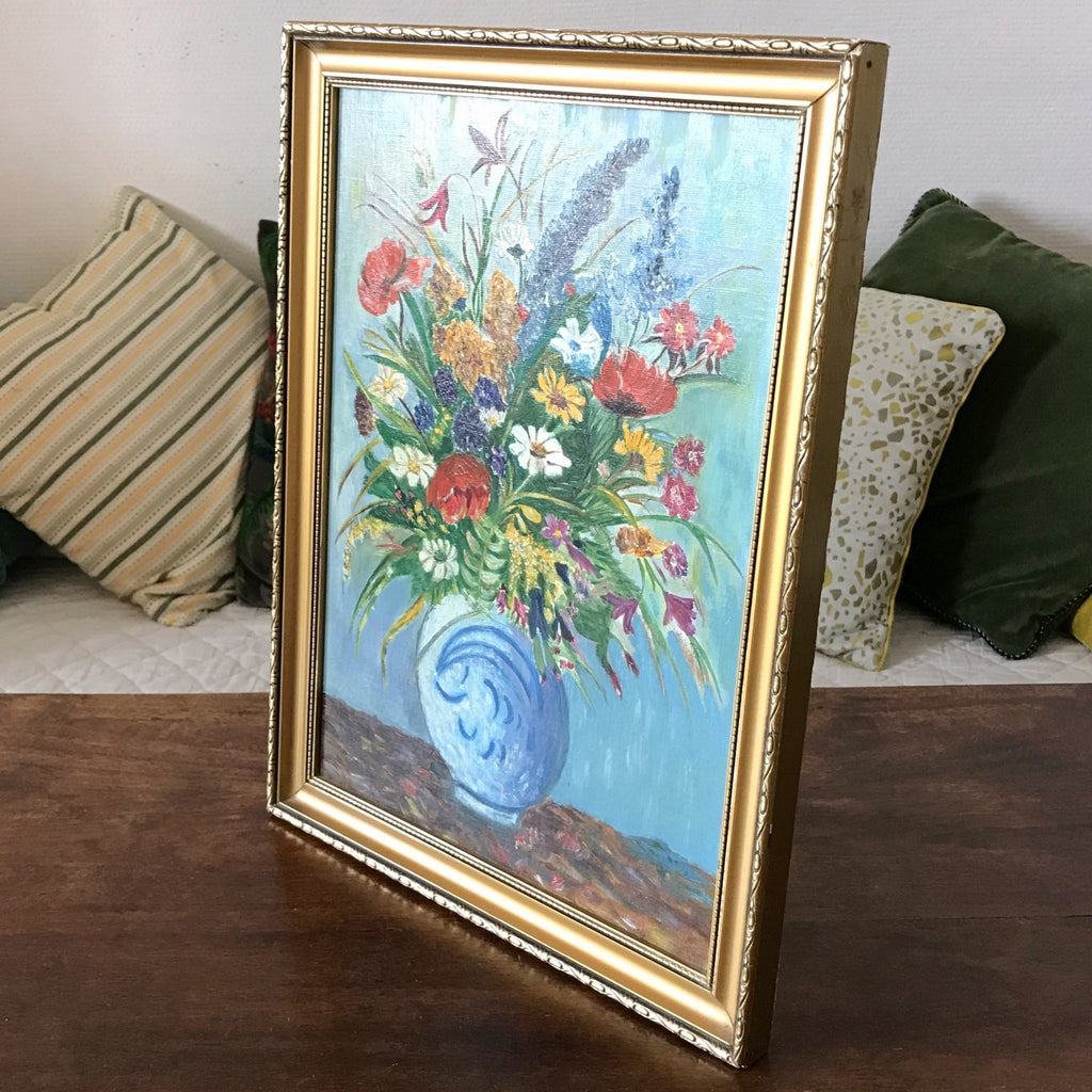 Tableau peinture bouquet fleurs multicolores sur fond bleu encadrement doré 45 cm x 35 cm par Hello Broc brocante en ligne