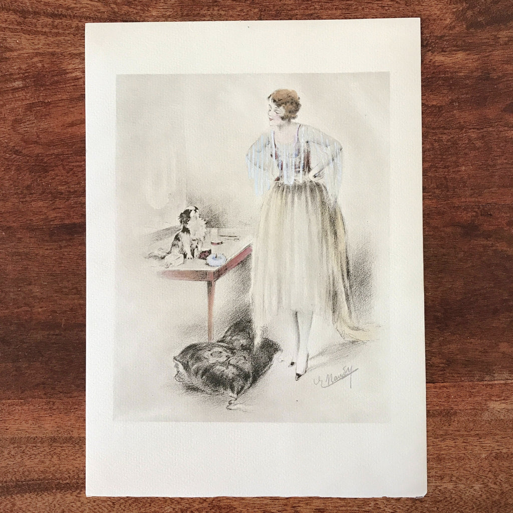 Illustration dessin original au crayon et pastel de E. Naudy (Alfred Renaudin) Circa 1920 - Femme découvrant son chien sur la coiffeuse par Hello Broc brocante en ligne