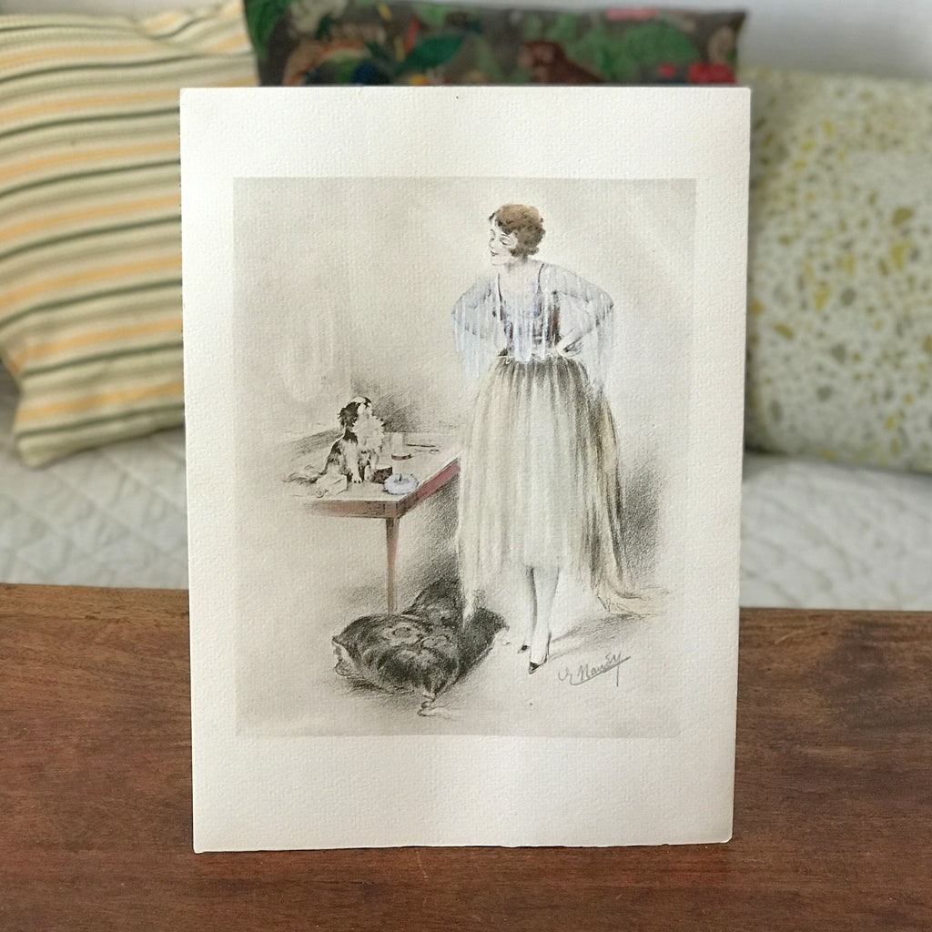 Illustration dessin original au crayon et pastel de E. Naudy (Alfred Renaudin) Circa 1920 - Femme découvrant son chien sur la coiffeuse par Hello Broc brocante en ligne