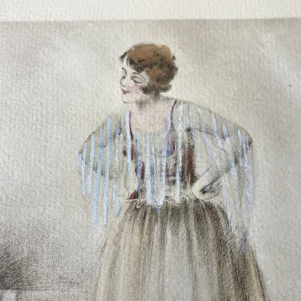 Illustration dessin original au crayon et pastel de E. Naudy (Alfred Renaudin) Circa 1920 - Femme découvrant son chien sur la coiffeuse par Hello Broc brocante en ligne