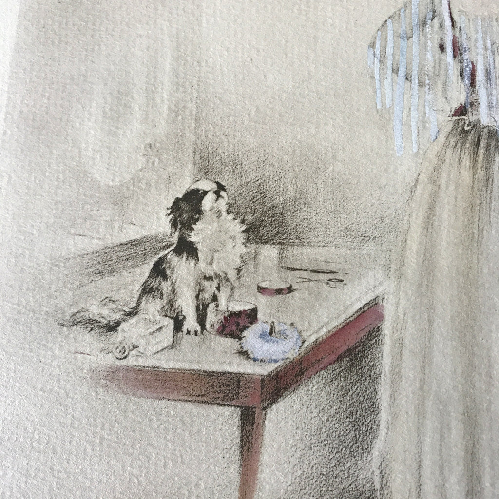Illustration dessin original au crayon et pastel de E. Naudy (Alfred Renaudin) Circa 1920 - Femme découvrant son chien sur la coiffeuse par Hello Broc brocante en ligne