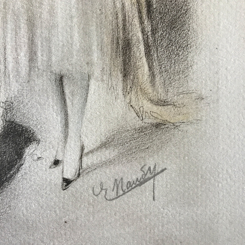 Illustration dessin original au crayon et pastel de E. Naudy (Alfred Renaudin) Circa 1920 - Femme découvrant son chien sur la coiffeuse par Hello Broc brocante en ligne