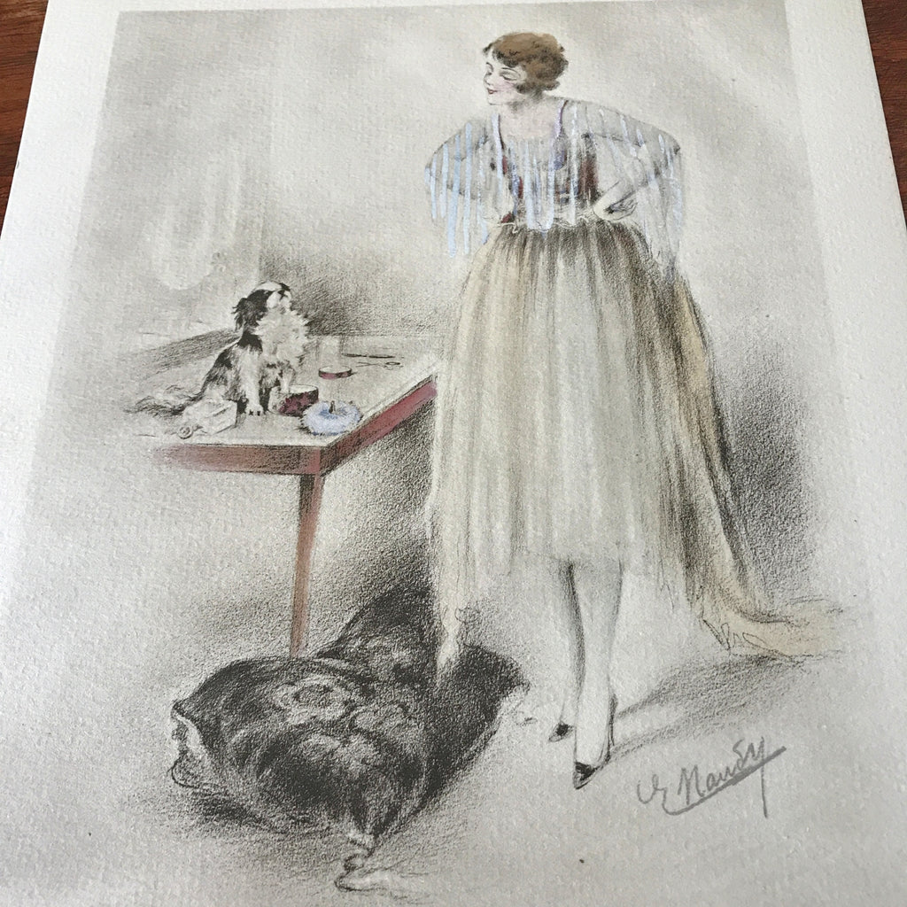 Illustration dessin original au crayon et pastel de E. Naudy (Alfred Renaudin) Circa 1920 - Femme découvrant son chien sur la coiffeuse par Hello Broc brocante en ligne