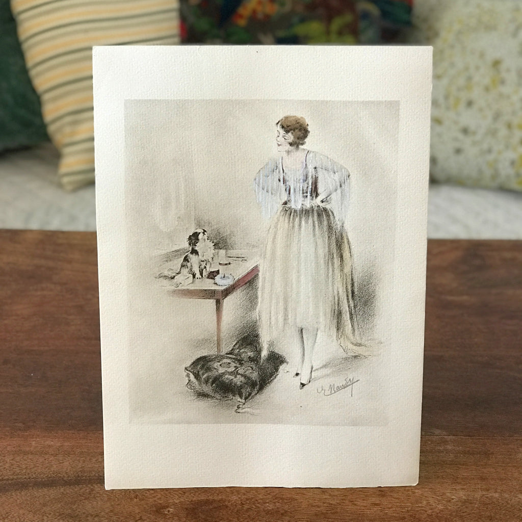Illustration dessin original au crayon et pastel de E. Naudy (Alfred Renaudin) Circa 1920 - Femme découvrant son chien sur la coiffeuse par Hello Broc brocante en ligne