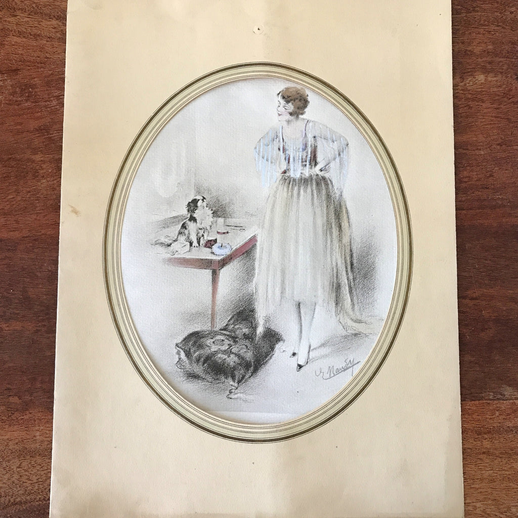 Illustration dessin et pastel de E. Naudy (Alfred Renaudin) Circa 1920 - Femme découvrant son chien sur la coiffeuse par Hello Broc brocante en ligne