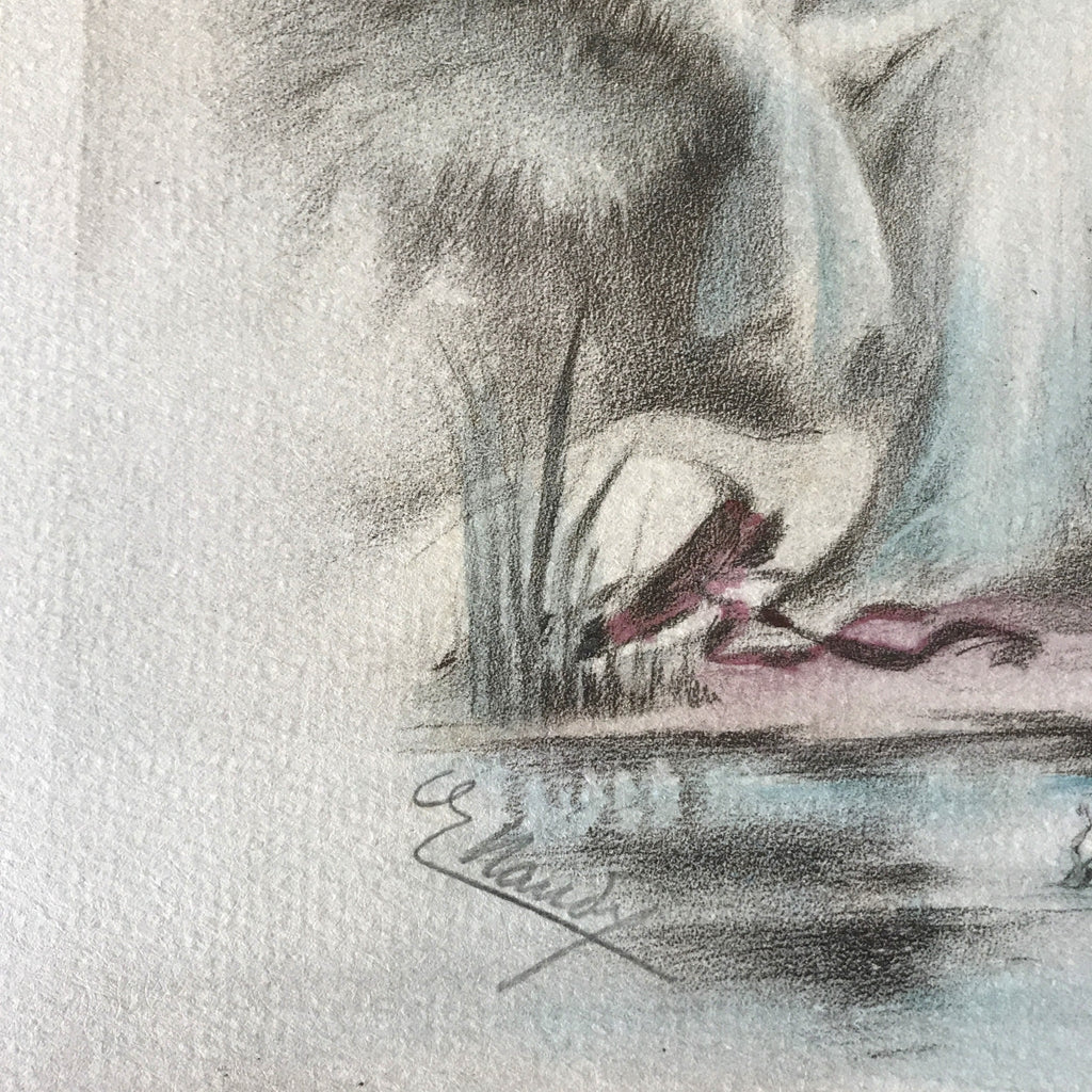 Illustration dessin original restauré au crayon et pastel de E. Naudy (Alfred Renaudin) - Femme au bord d'un étang avec son chien - Circa 1920 par Hello Broc brocante en ligne