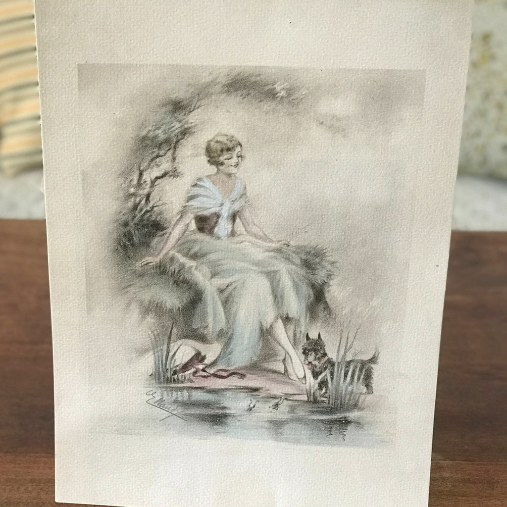 Illustration dessin original restauré au crayon et pastel de E. Naudy (Alfred Renaudin) - Femme au bord d'un étang avec son chien - Circa 1920 par Hello Broc brocante en ligne