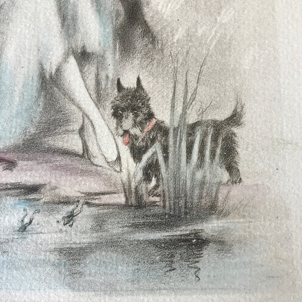 Illustration dessin original restauré au crayon et pastel de E. Naudy (Alfred Renaudin) - Femme au bord d'un étang avec son chien - Circa 1920 par Hello Broc brocante en ligne