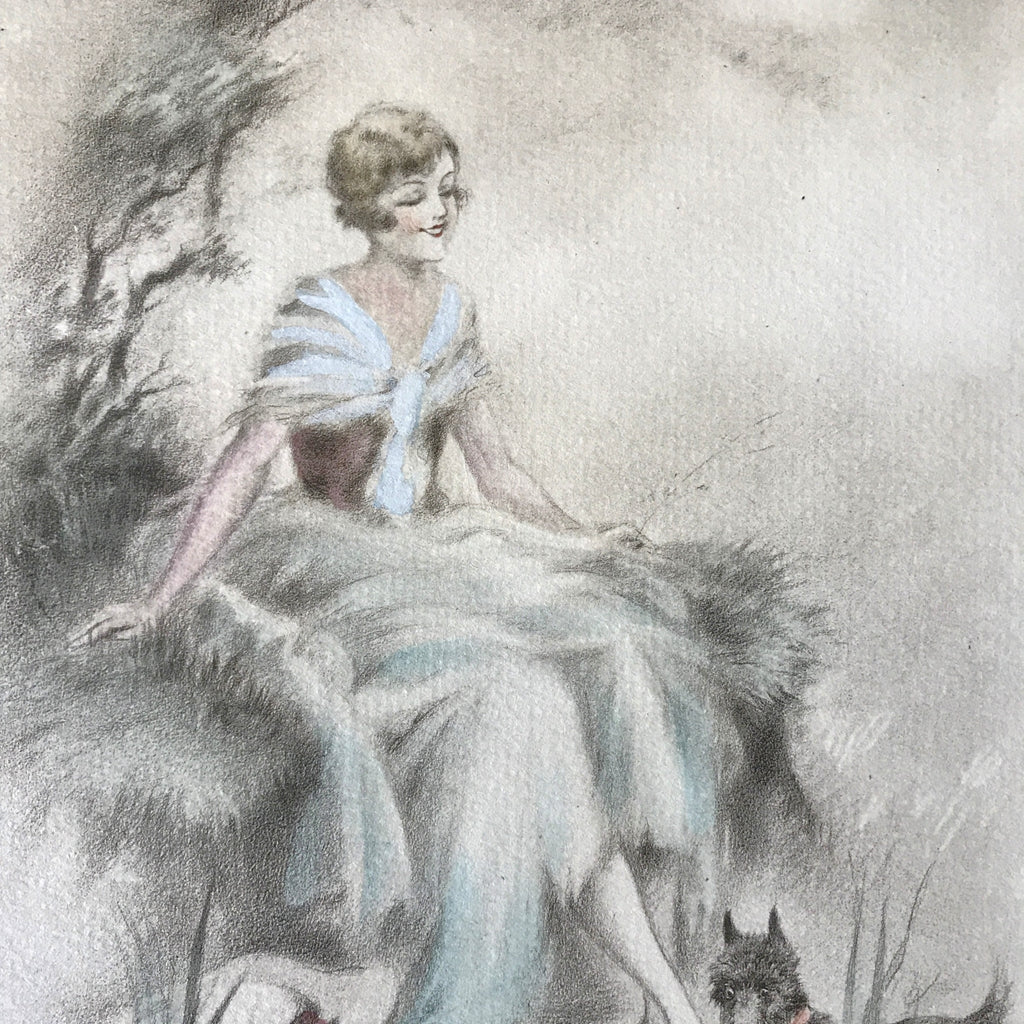 Illustration dessin original restauré au crayon et pastel de E. Naudy (Alfred Renaudin) - Femme au bord d'un étang avec son chien - Circa 1920 par Hello Broc brocante en ligne