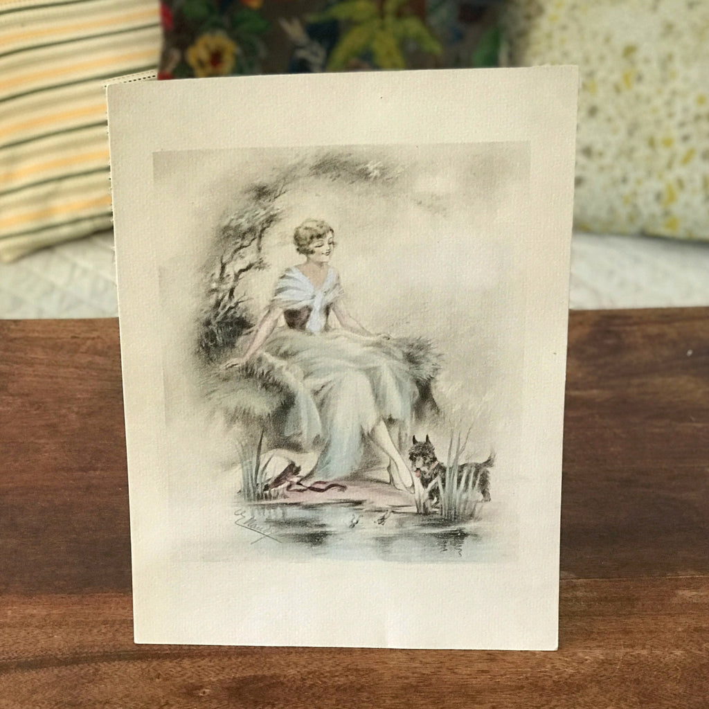 Illustration dessin original restauré au crayon et pastel de E. Naudy (Alfred Renaudin) - Femme au bord d'un étang avec son chien - Circa 1920 par Hello Broc brocante en ligne