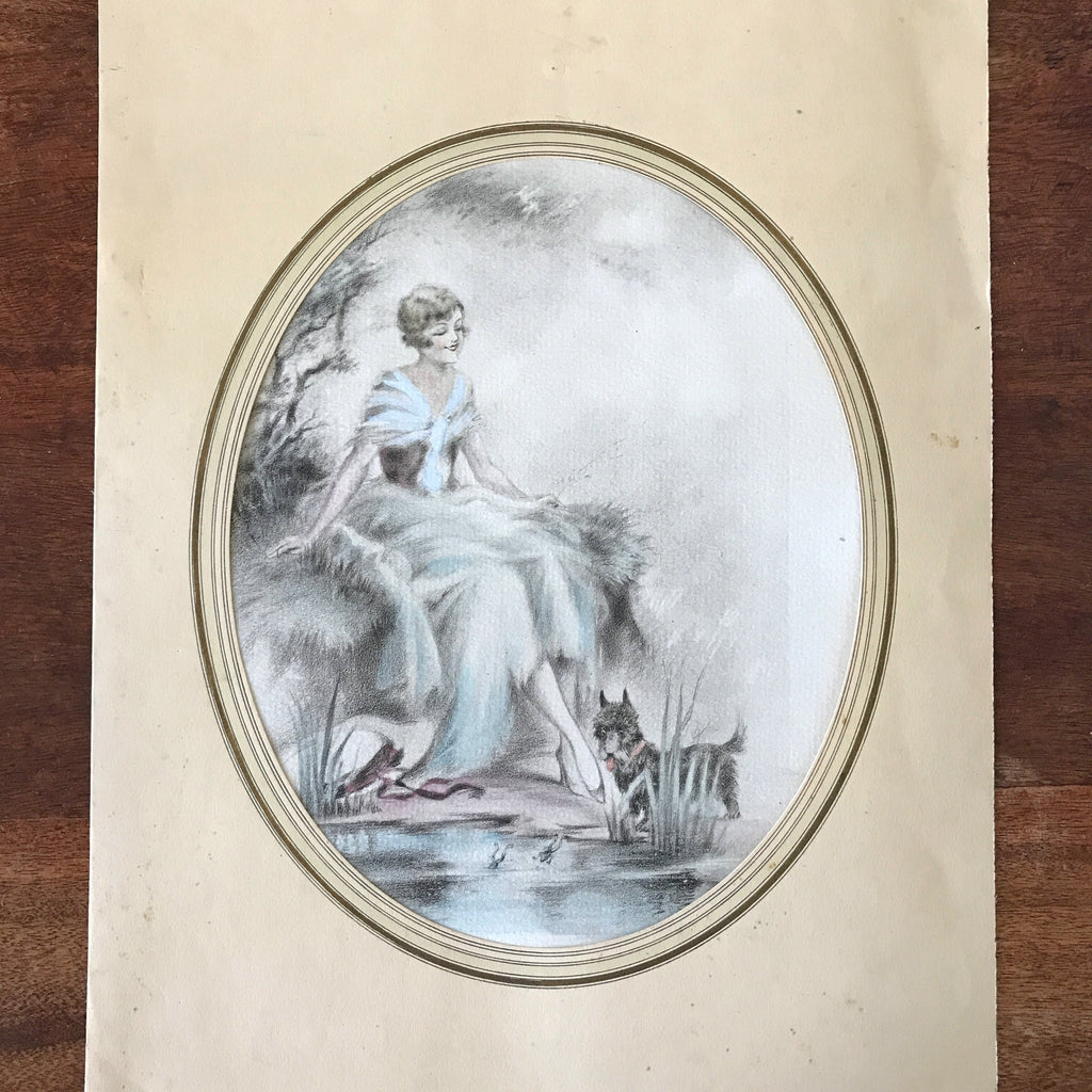 Illustration dessin original restauré au crayon et pastel de E. Naudy (Alfred Renaudin) - Femme au bord d'un étang avec son chien - Circa 1920 par Hello Broc brocante en ligne