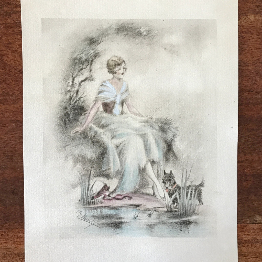 Illustration dessin original restauré au crayon et pastel de E. Naudy (Alfred Renaudin) - Femme au bord d'un étang avec son chien - Circa 1920 par Hello Broc brocante en ligne