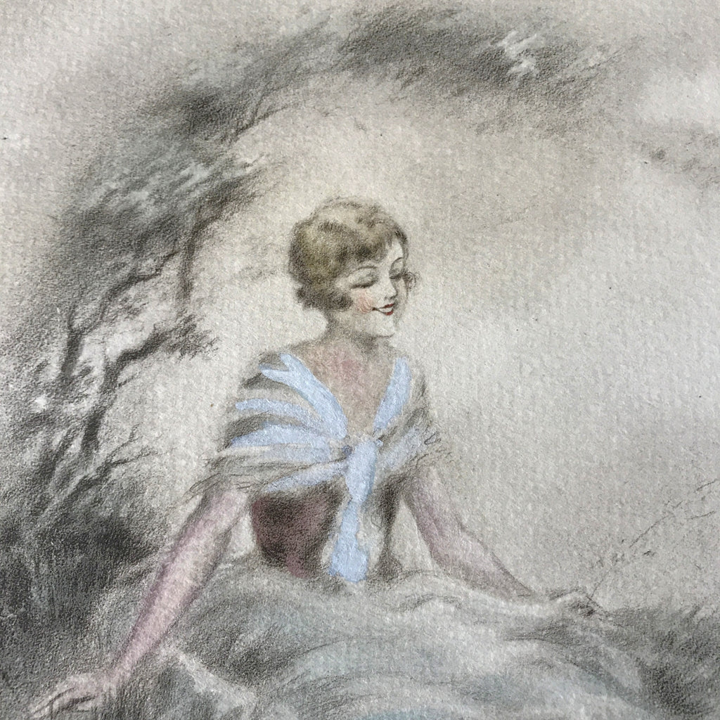 Illustration dessin original restauré au crayon et pastel de E. Naudy (Alfred Renaudin) - Femme au bord d'un étang avec son chien - Circa 1920 par Hello Broc brocante en ligne