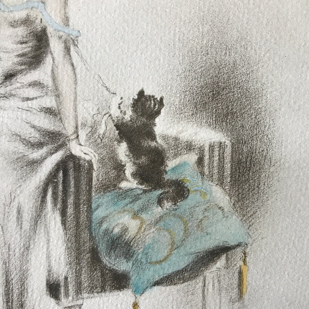 Illustration originale restaurée au crayon et pastel de E. Naudy (Alfred Renaudin) Circa 1920 - Femme et son chat jouant sur un fauteuil par Hello Broc brocante en ligne