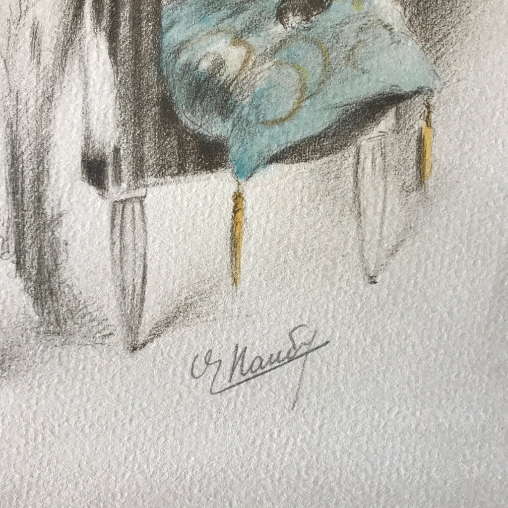 Illustration originale restaurée au crayon et pastel de E. Naudy (Alfred Renaudin) Circa 1920 - Femme et son chat jouant sur un fauteuil par Hello Broc brocante en ligne