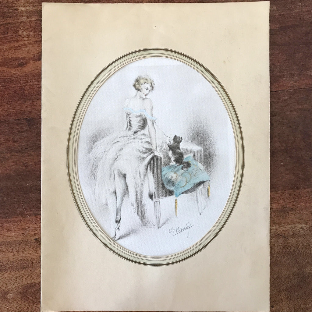 Illustration originale restaurée au crayon et pastel de E. Naudy (Alfred Renaudin) Circa 1920 - Femme et son chat jouant sur un fauteuil par Hello Broc brocante en ligne