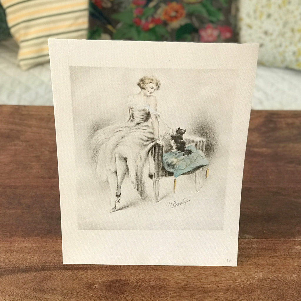 Illustration originale restaurée au crayon et pastel de E. Naudy (Alfred Renaudin) Circa 1920 - Femme et son chat jouant sur un fauteuil par Hello Broc brocante en ligne
