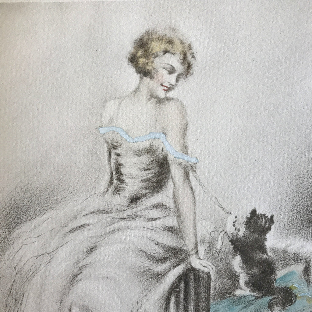 Illustration originale restaurée au crayon et pastel de E. Naudy (Alfred Renaudin) Circa 1920 - Femme et son chat jouant sur un fauteuil par Hello Broc brocante en ligne