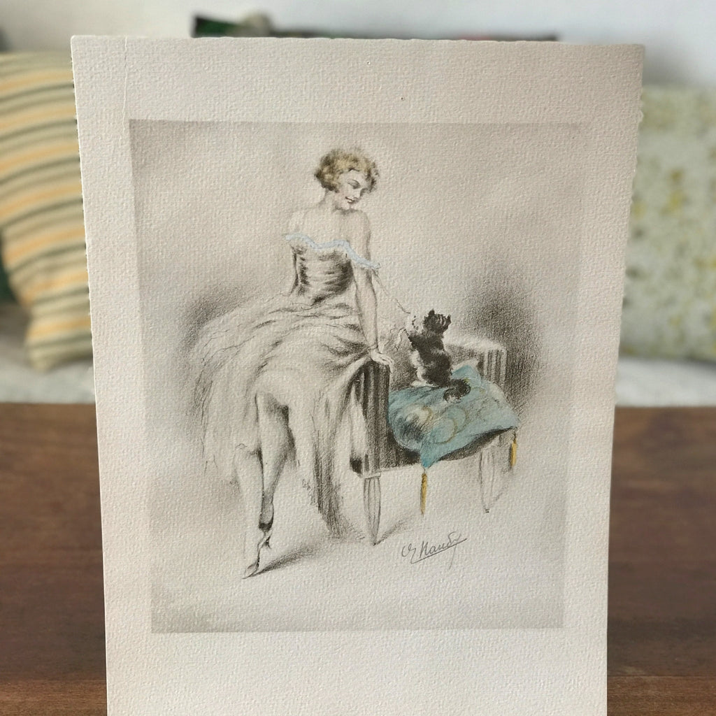 Illustration originale restaurée au crayon et pastel de E. Naudy (Alfred Renaudin) Circa 1920 - Femme et son chat jouant sur un fauteuil par Hello Broc brocante en ligne