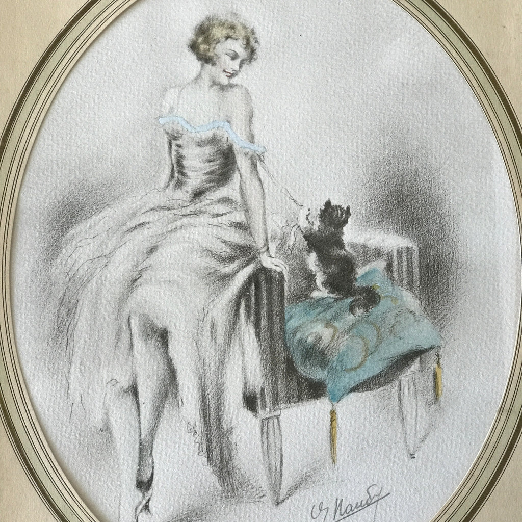 Illustration originale restaurée au crayon et pastel de E. Naudy (Alfred Renaudin) Circa 1920 - Femme et son chat jouant sur un fauteuil par Hello Broc brocante en ligne