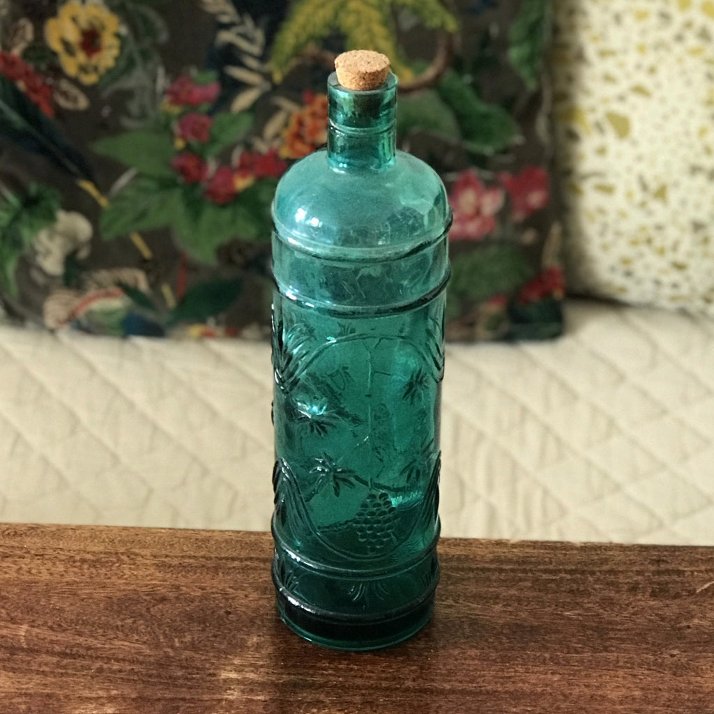Bouteille bleue droite col court en verre moulé - Hello Broc