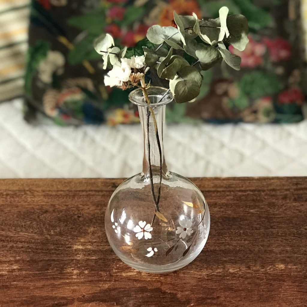 Carafon rond col long en verre soufflé et décor peint main par Hello Broc brocante en ligne