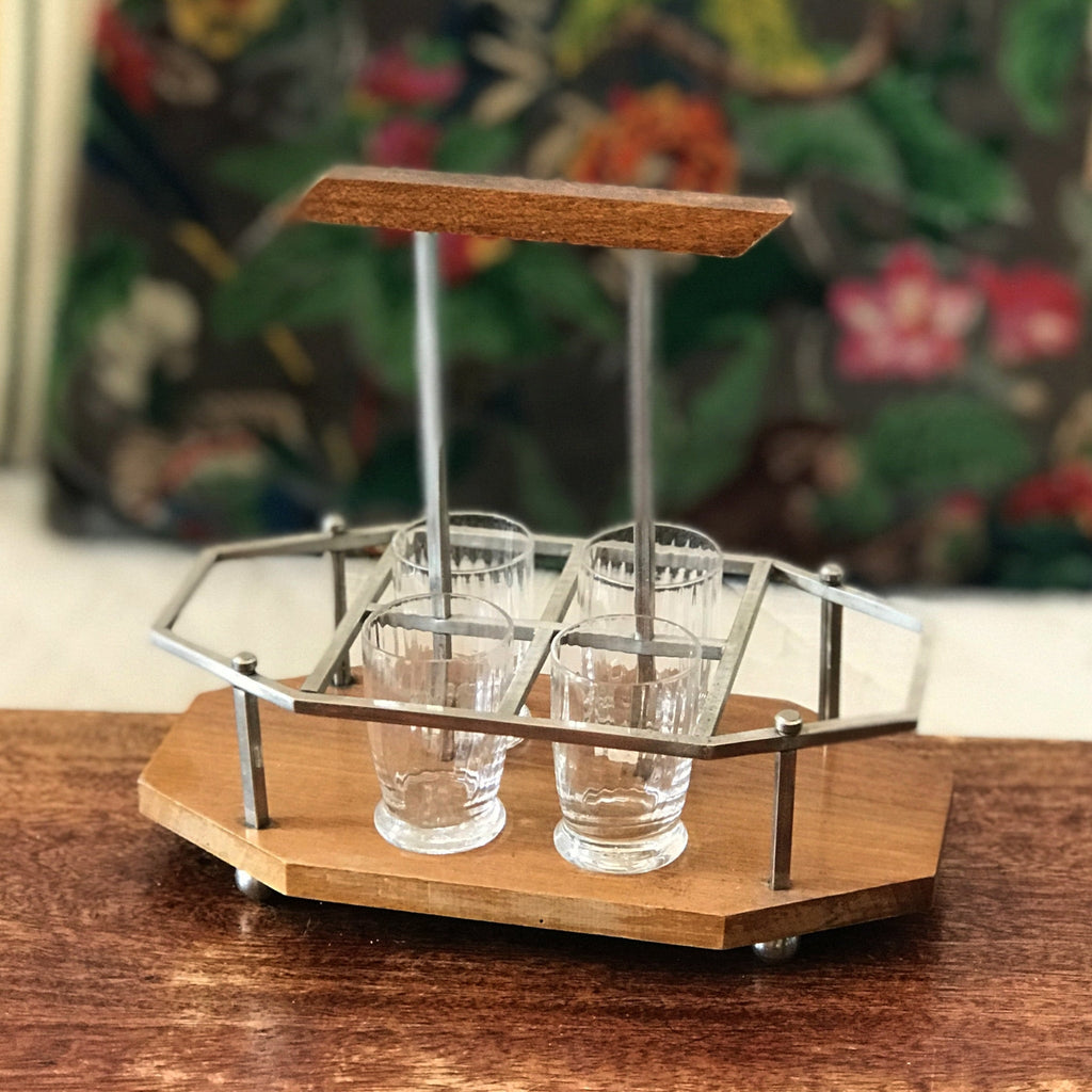Petit présentoir ou porte verres à liqueur en bois et métal chromé Art Déco par Hello Broc brocante en ligne