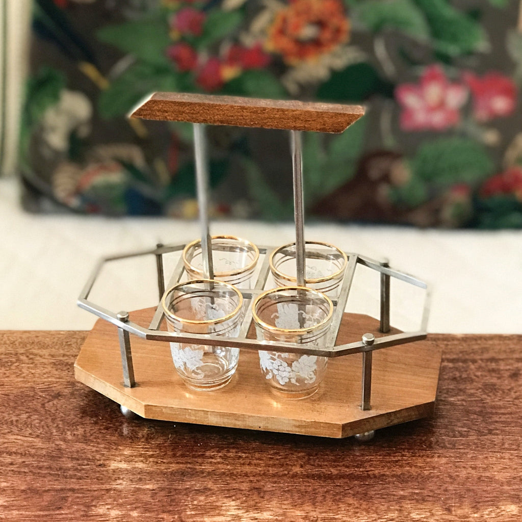 Petit présentoir ou porte verres à liqueur en bois et métal chromé Art Déco par Hello Broc brocante en ligne