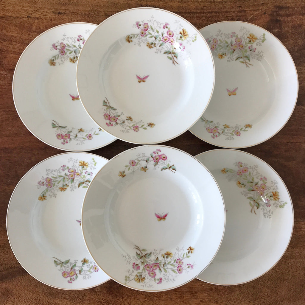 Lot de 6 assiettes creuses en porcelaine décor fleurs & papillon par Hello Broc brocante en ligne