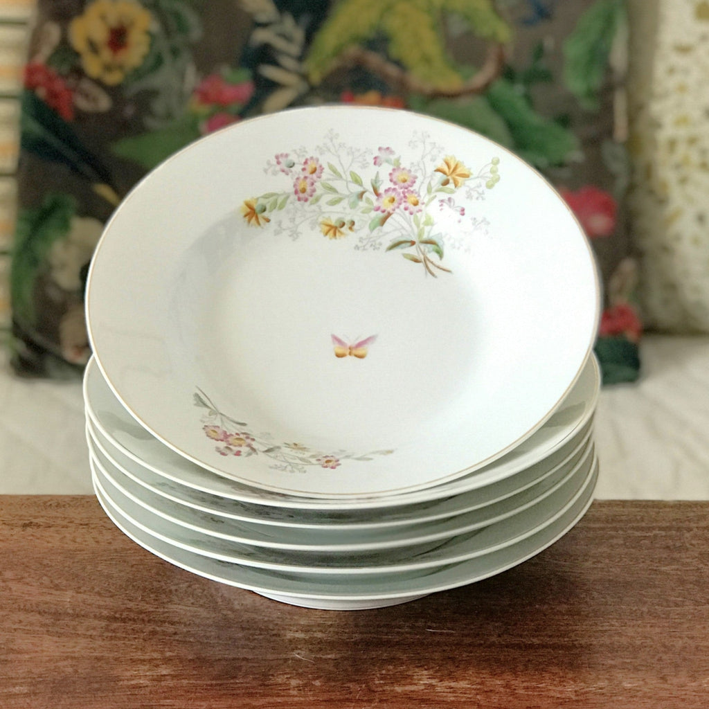 Lot de 6 assiettes creuses en porcelaine décor fleurs & papillon par Hello Broc brocante en ligne