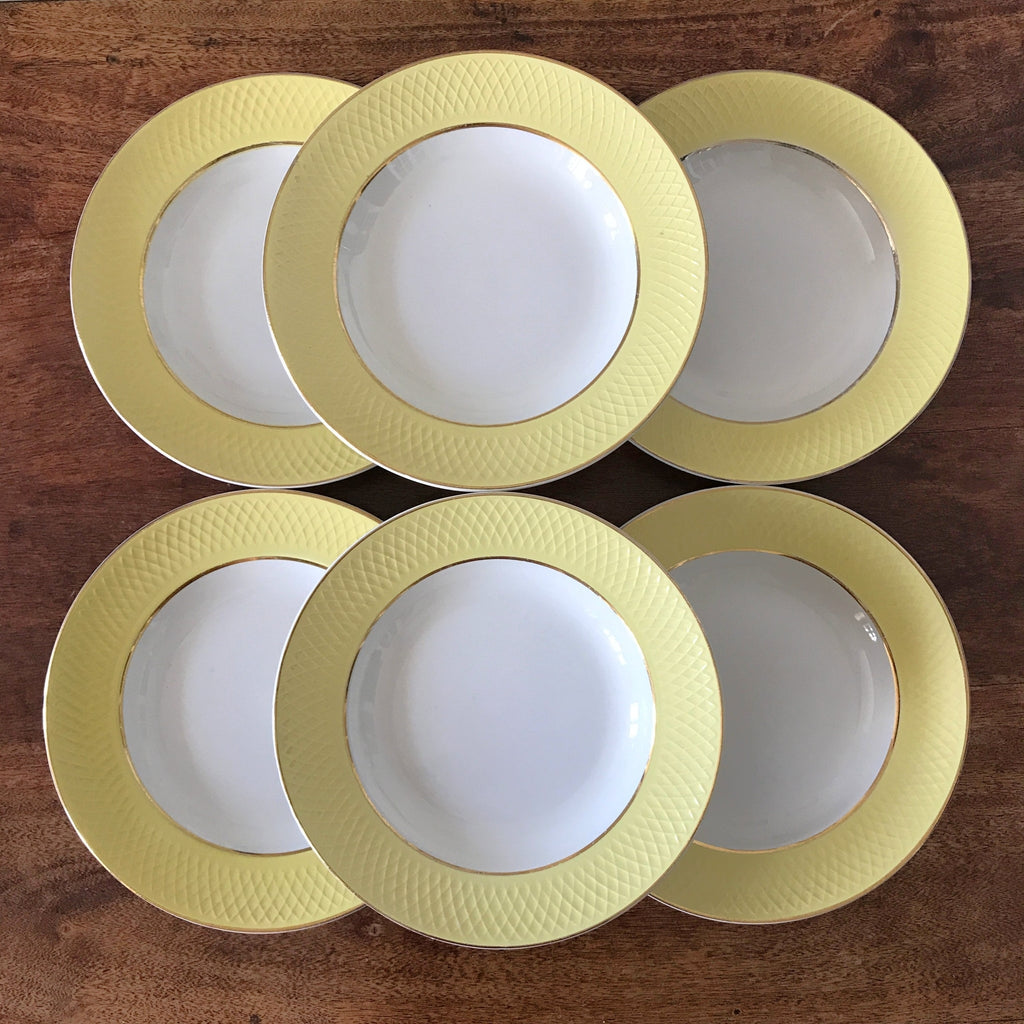 Lot 6 assiettes creuses vintage Moulin des Loups Orchies décor jaune par Hello Broc brocante en ligne