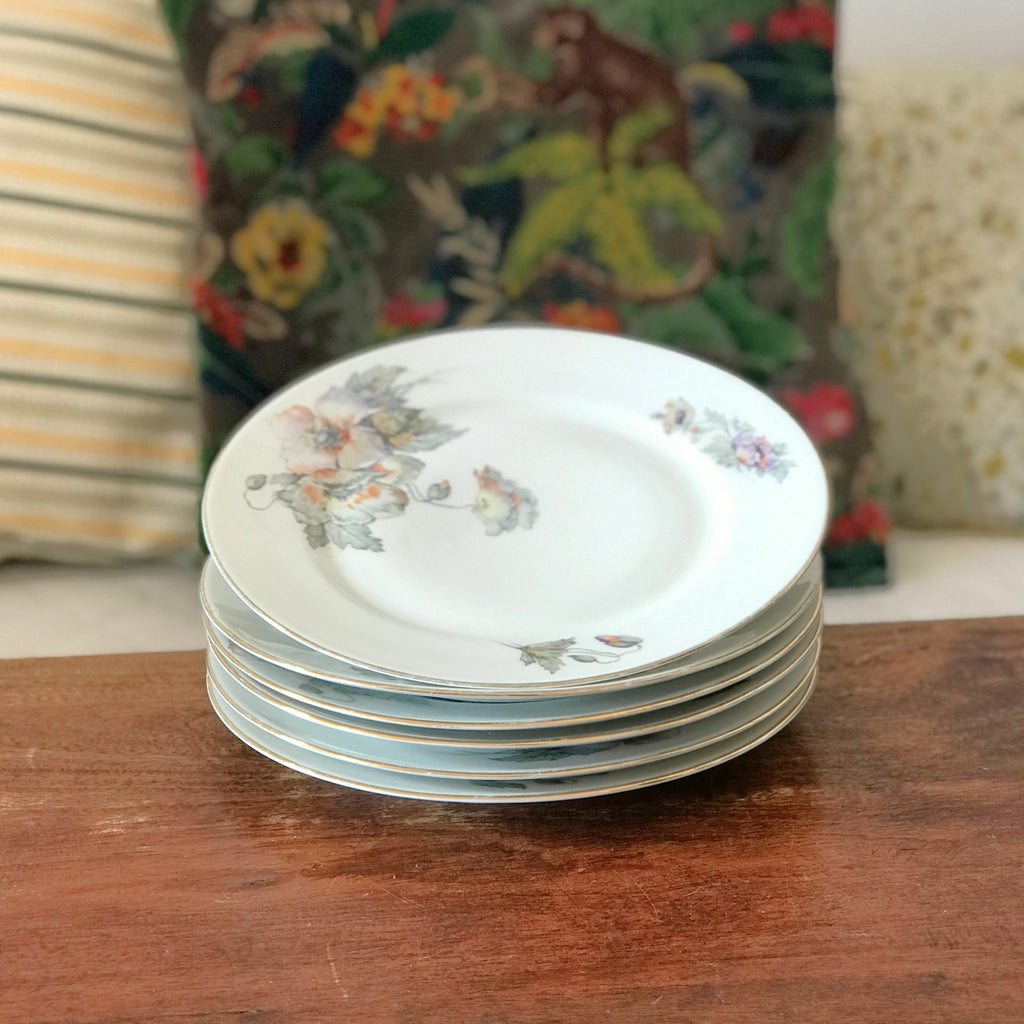 Lot de 6 assiettes plates vintage ULIM Limoges France décor pavots par Hello Broc brocante en ligne