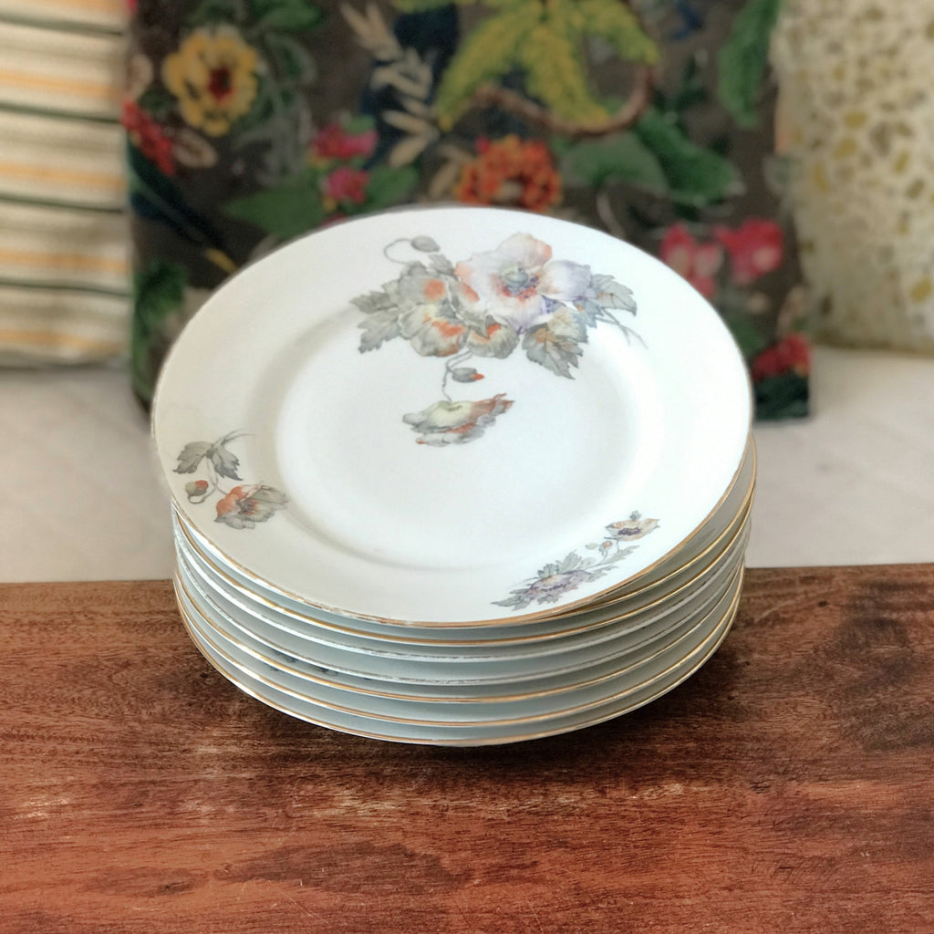 Lot de 8 assiettes plates vintage ULIM Limoges France décor pavots par Hello Broc brocante en ligne