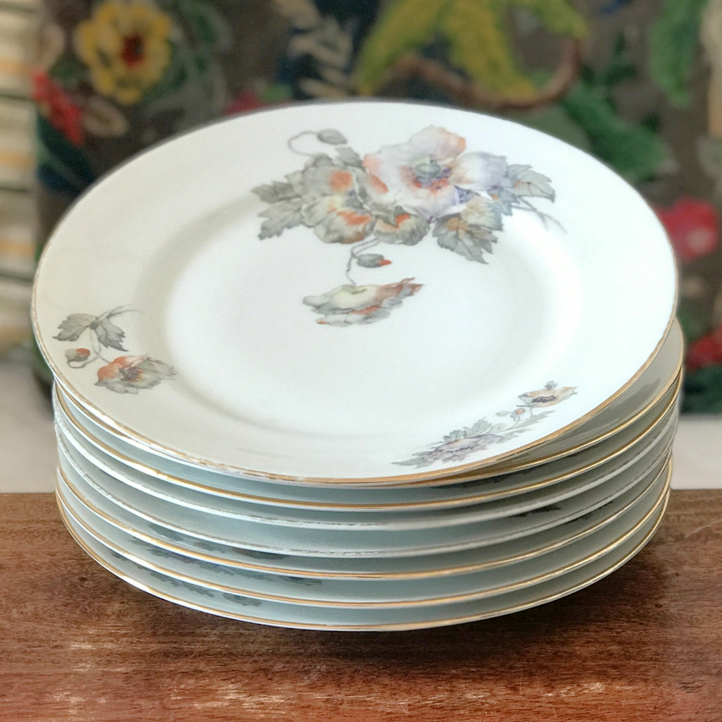 Lot de 8 assiettes plates vintage ULIM Limoges France décor pavots par Hello Broc brocante en ligne