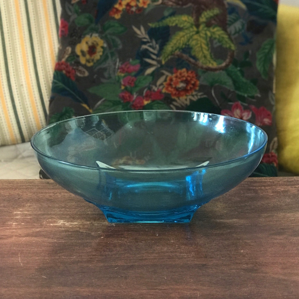 Grand saladier style Art Déco en verre moulé bleu par Hello Broc brocante en ligne