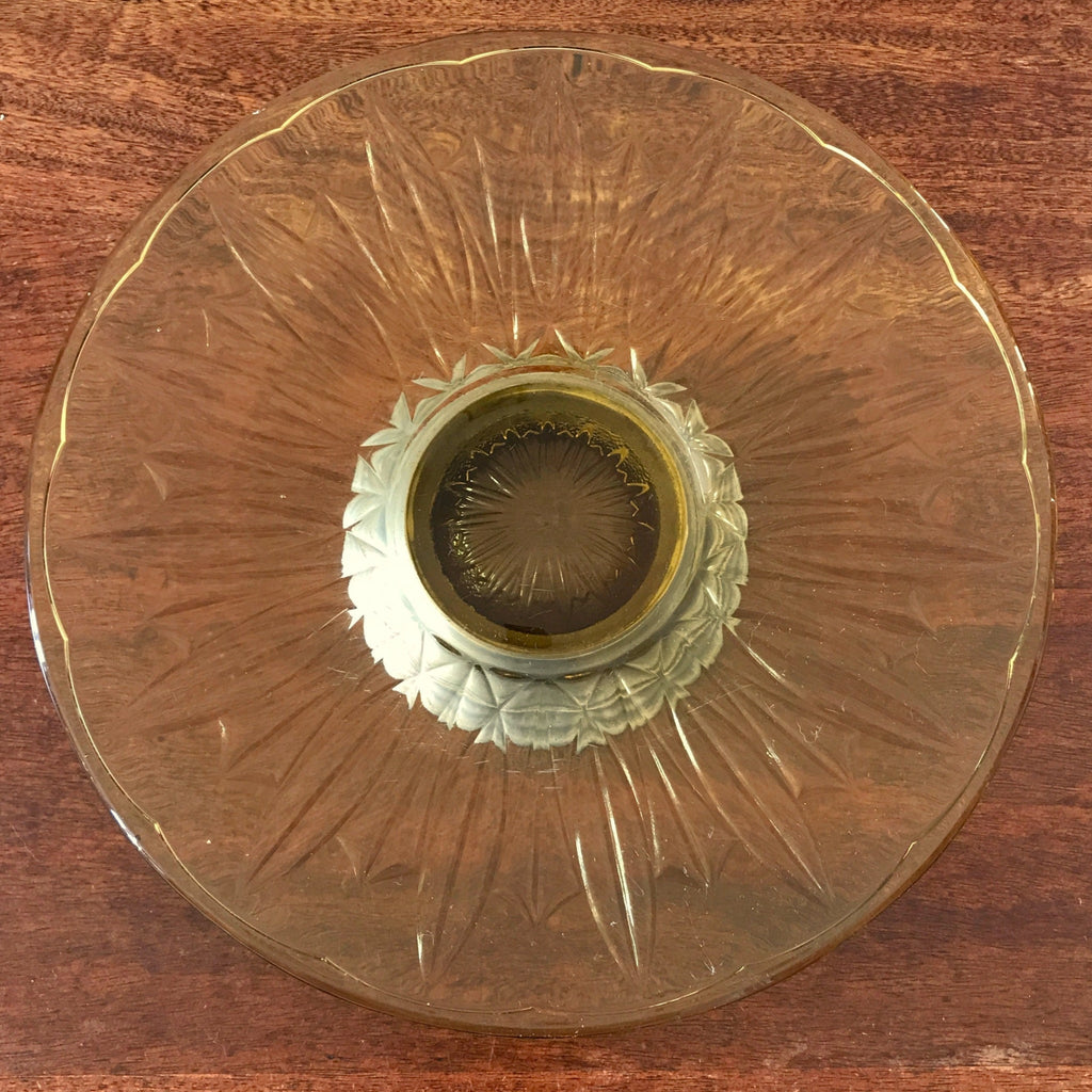 Grand présentoir à gâteau Art Déco en verre moulé jaune sur pied diamètre 31 cm par Hello Broc brocante en ligne