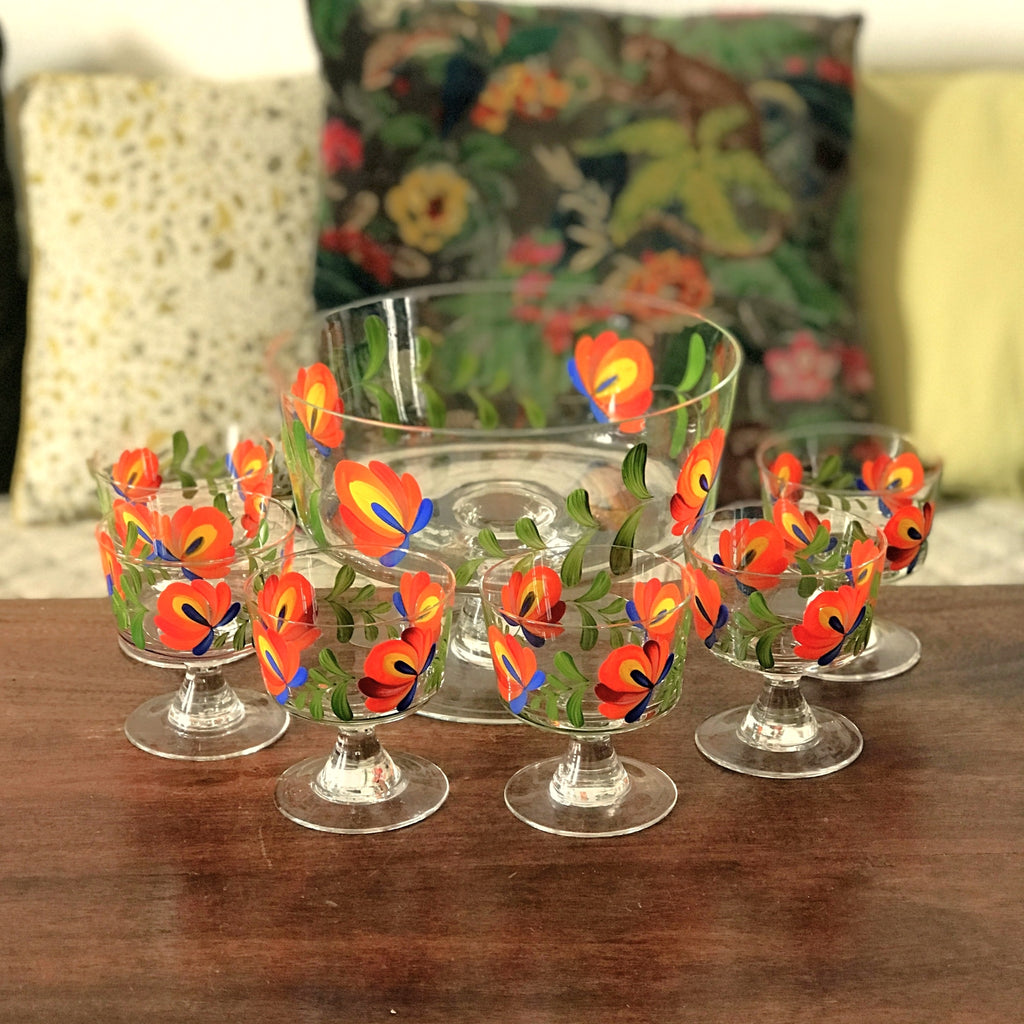 Service à fruits ou à punch vintage en verre décor peint main années 70 / 80 par Hello Broc brocante en ligne