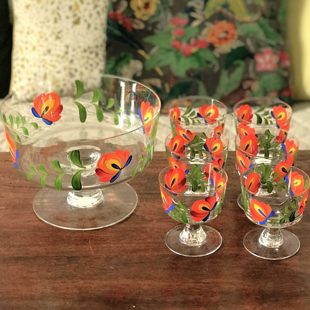 Service à fruits ou à punch vintage en verre décor peint main années 70 / 80 par Hello Broc brocante en ligne
