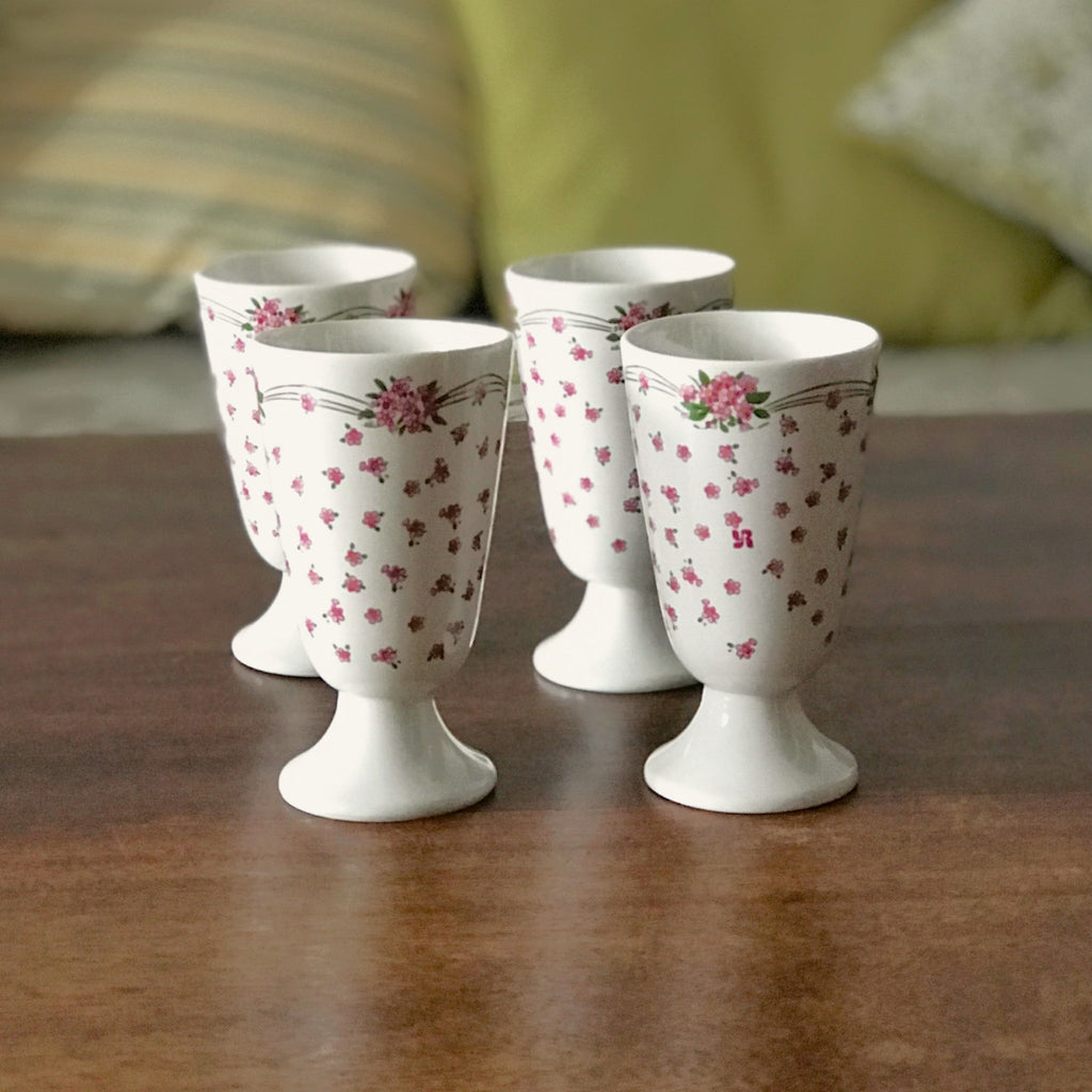 Ensemble de 4 mazagrans publicitaires fleuris en céramique Yves Rocher par Hello Broc brocante en ligne