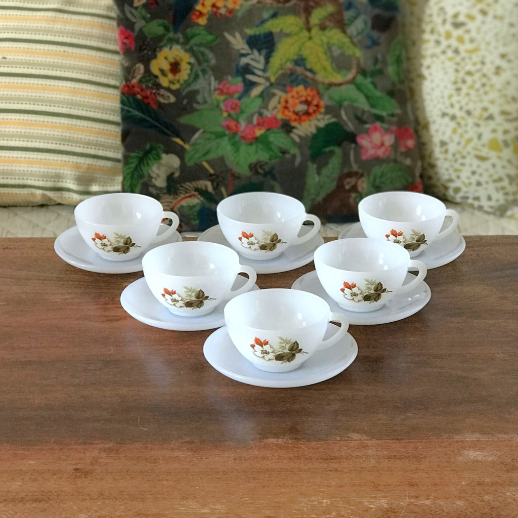 Lot 6 tasses et sous tasses coordonnées à café ou à thé en opaline Arcopal par Hello Broc brocante en ligne