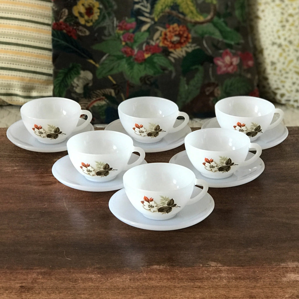 Lot 6 tasses et sous tasses coordonnées à café ou à thé en opaline Arcopal par Hello Broc brocante en ligne