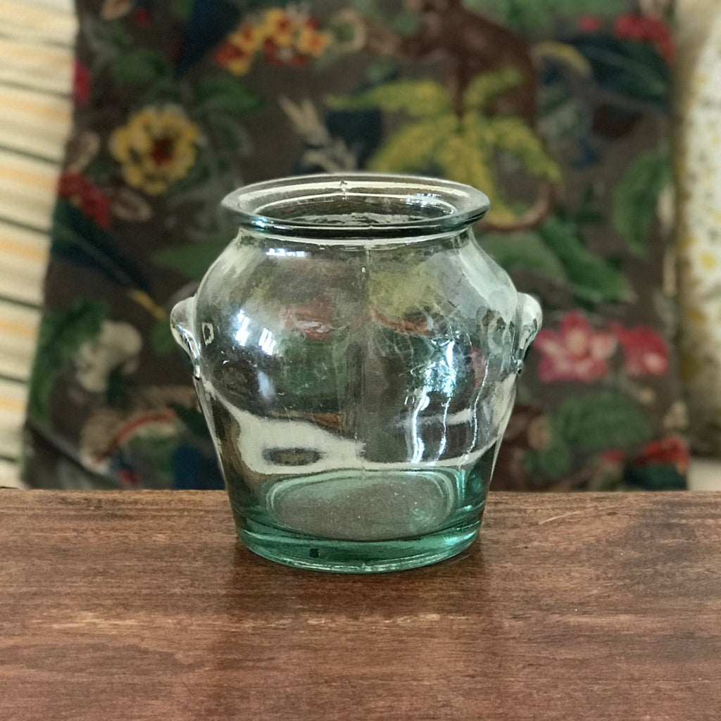 Bocal vintage en verre légère teinte bleue verte dans le style pot à graisse hauteur de 14 cm par Hello Broc brocante en ligne