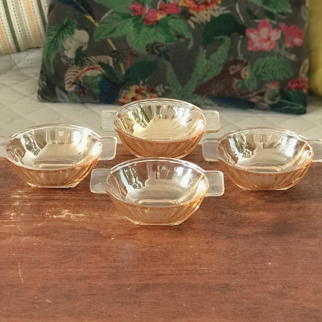 Lot de 4 coupelles en verre moulé irisé jaune orangé à anses Huilor Croix Verte par Hello Broc brocante en ligne