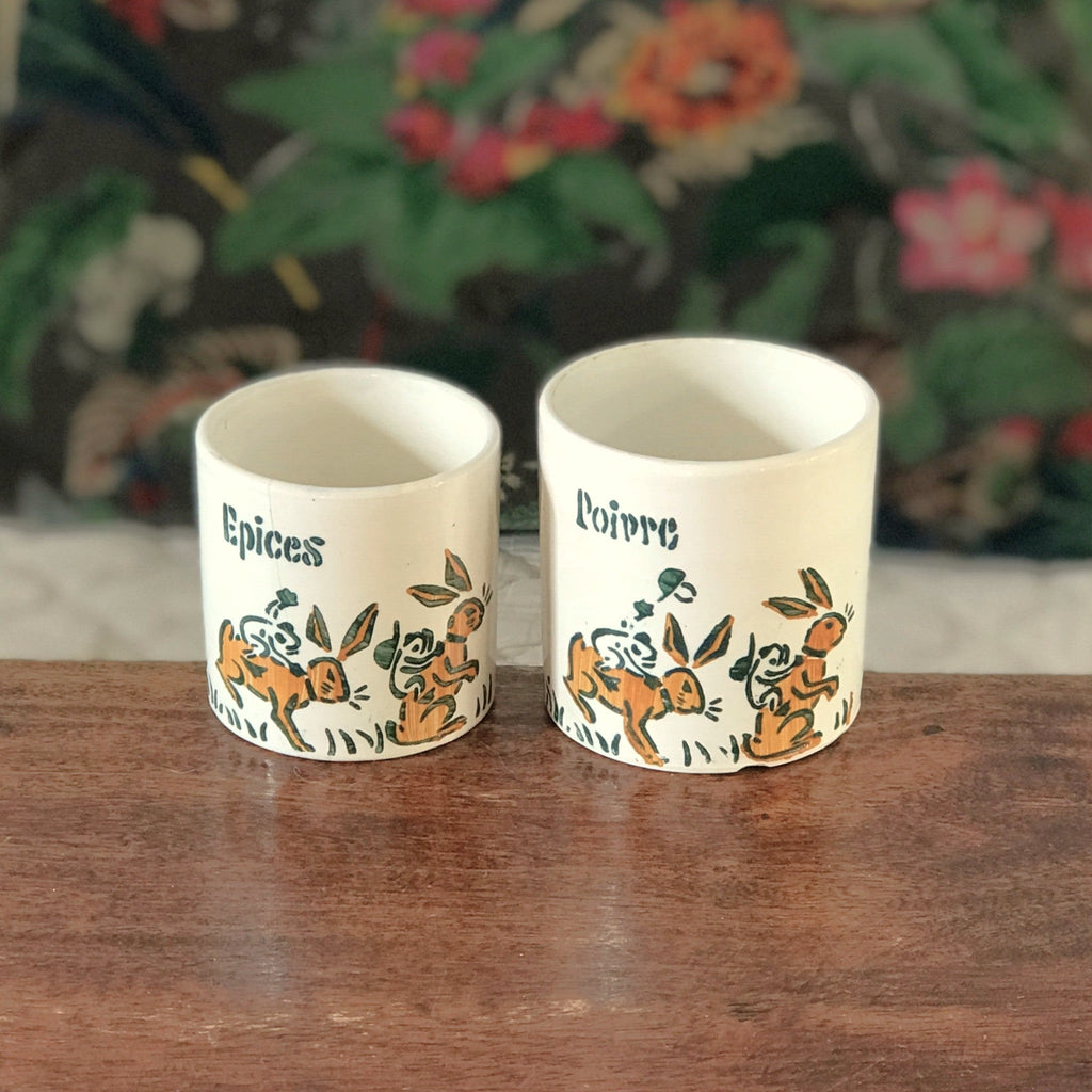 Ensemble de 2 pots à épices anciens sans couvercle Faïencerie Nouvelle Givors France Circa 1930 Art Deco par Hello Broc brocante en ligne