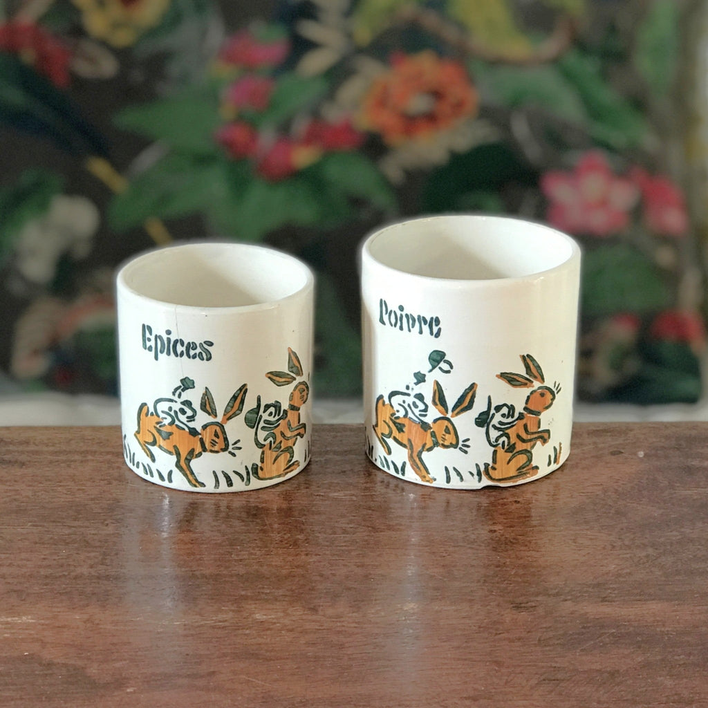 Ensemble de 2 pots à épices anciens sans couvercle Faïencerie Nouvelle Givors France Circa 1930 Art Deco par Hello Broc brocante en ligne