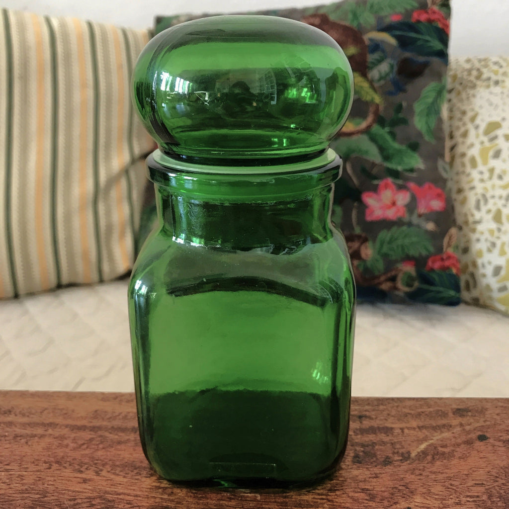 Petit bocal publicitaire Ariel en verre moulé vert années 60 par Hello Broc brocante en ligne